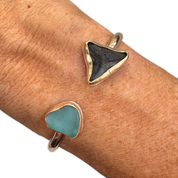 Tropical Gangster - Shark Tooth & Aqua Sea Glass Bezeled Cuff Bracelet
