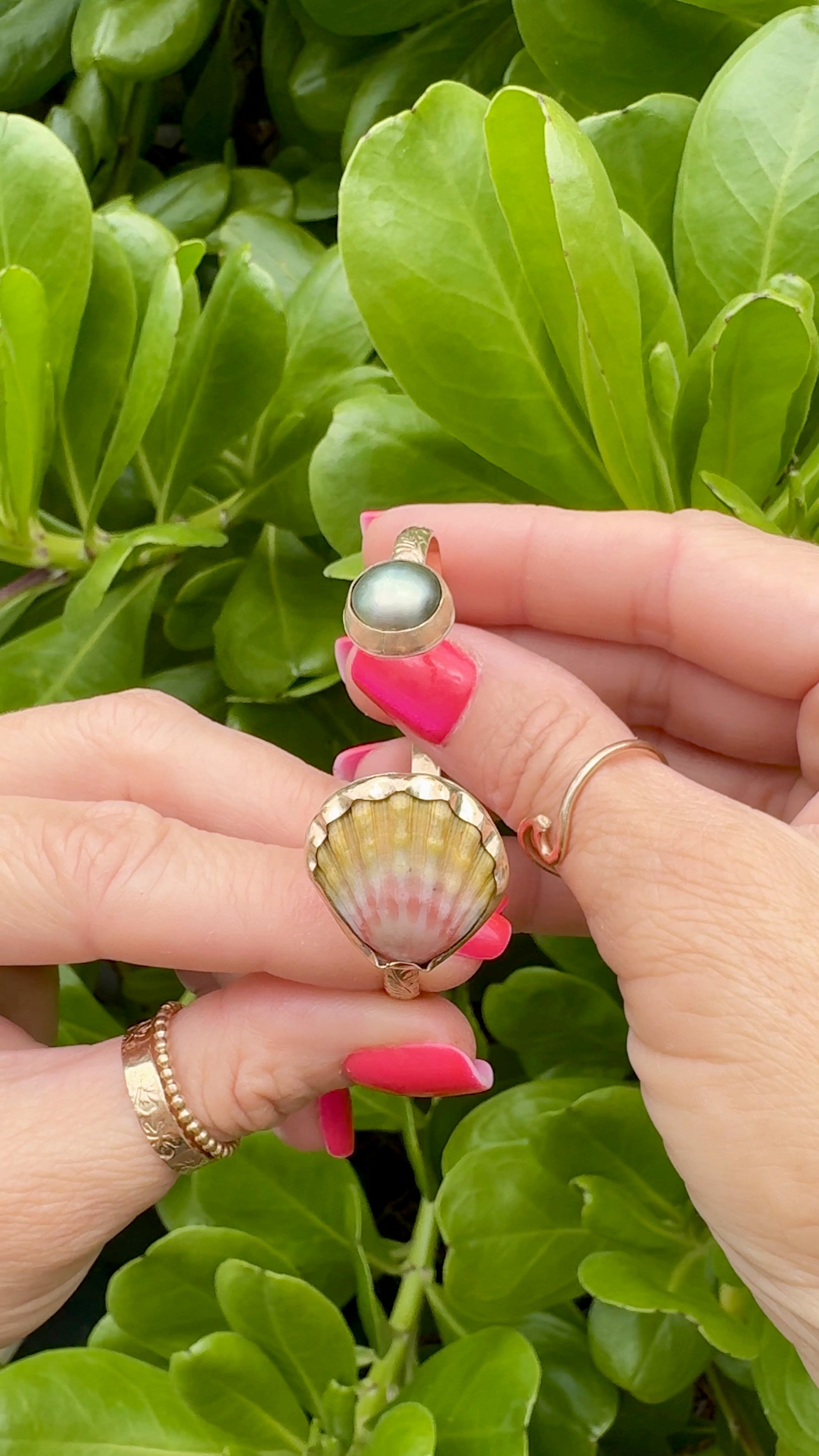 Tropical Gangster - Moonrise Shell w/ Pistachio Tahitian Pearl Bezeled Cuff Bracelet