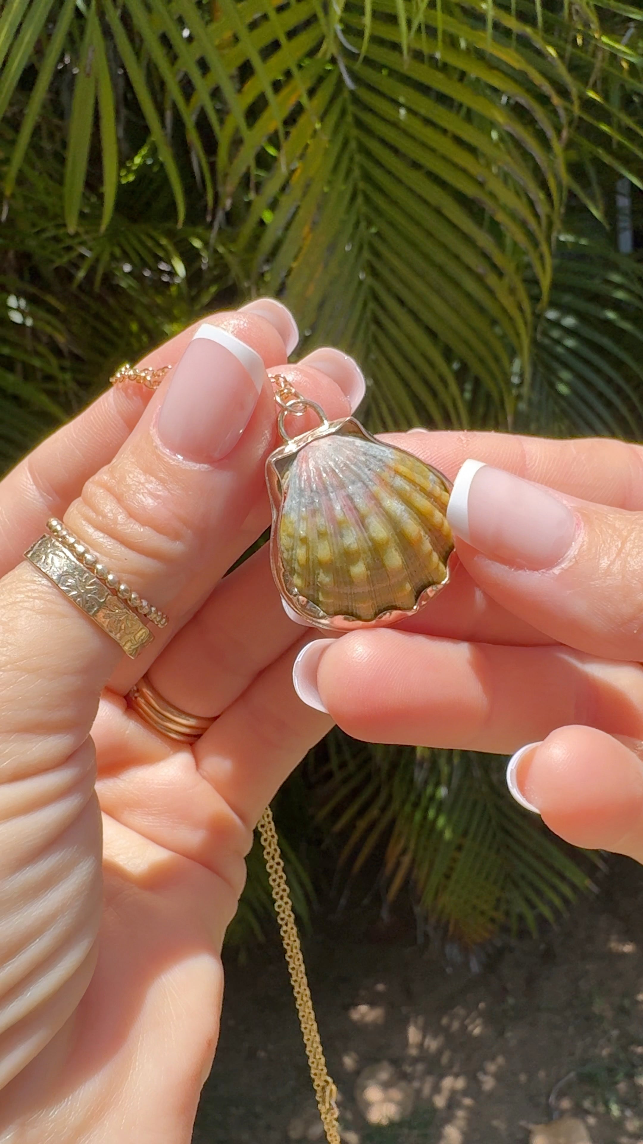 Moonrise Shell Bezel Necklace With Tropical Jungle Engraving