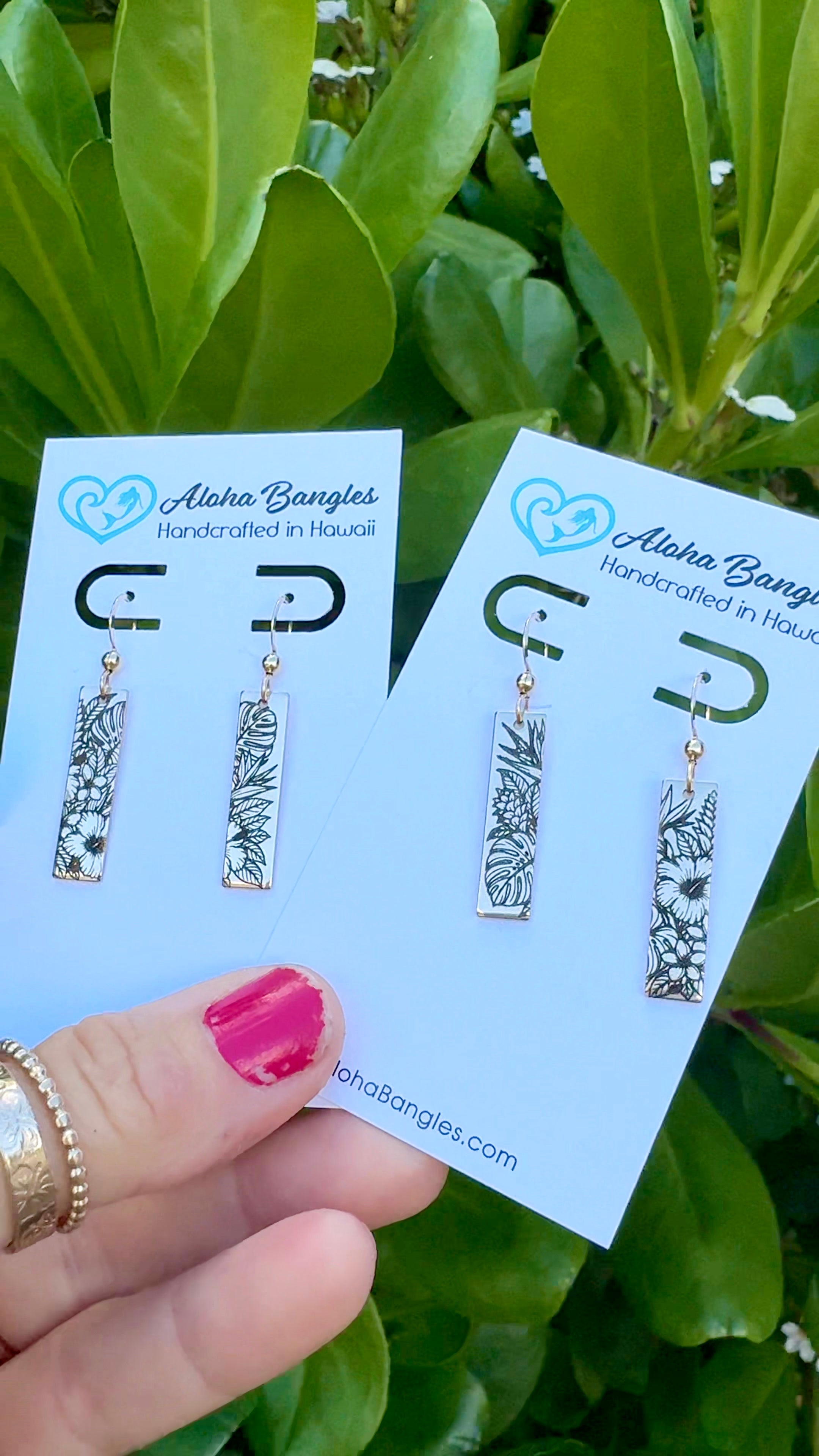 Tropical Jungle Engraved Bar Earrings
