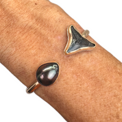 Tropical Gangster - Shark Tooth & Tahitian Pearl Bezeled Cuff Bracelet