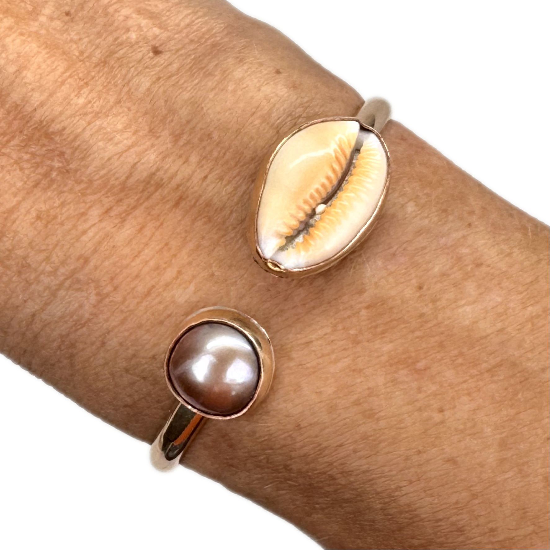 Tropical Gangster - Cowrie Shell & Pink Edison Bezeled Cuff Bracelet