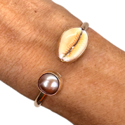 Tropical Gangster - Cowrie Shell & Pink Edison Bezeled Cuff Bracelet