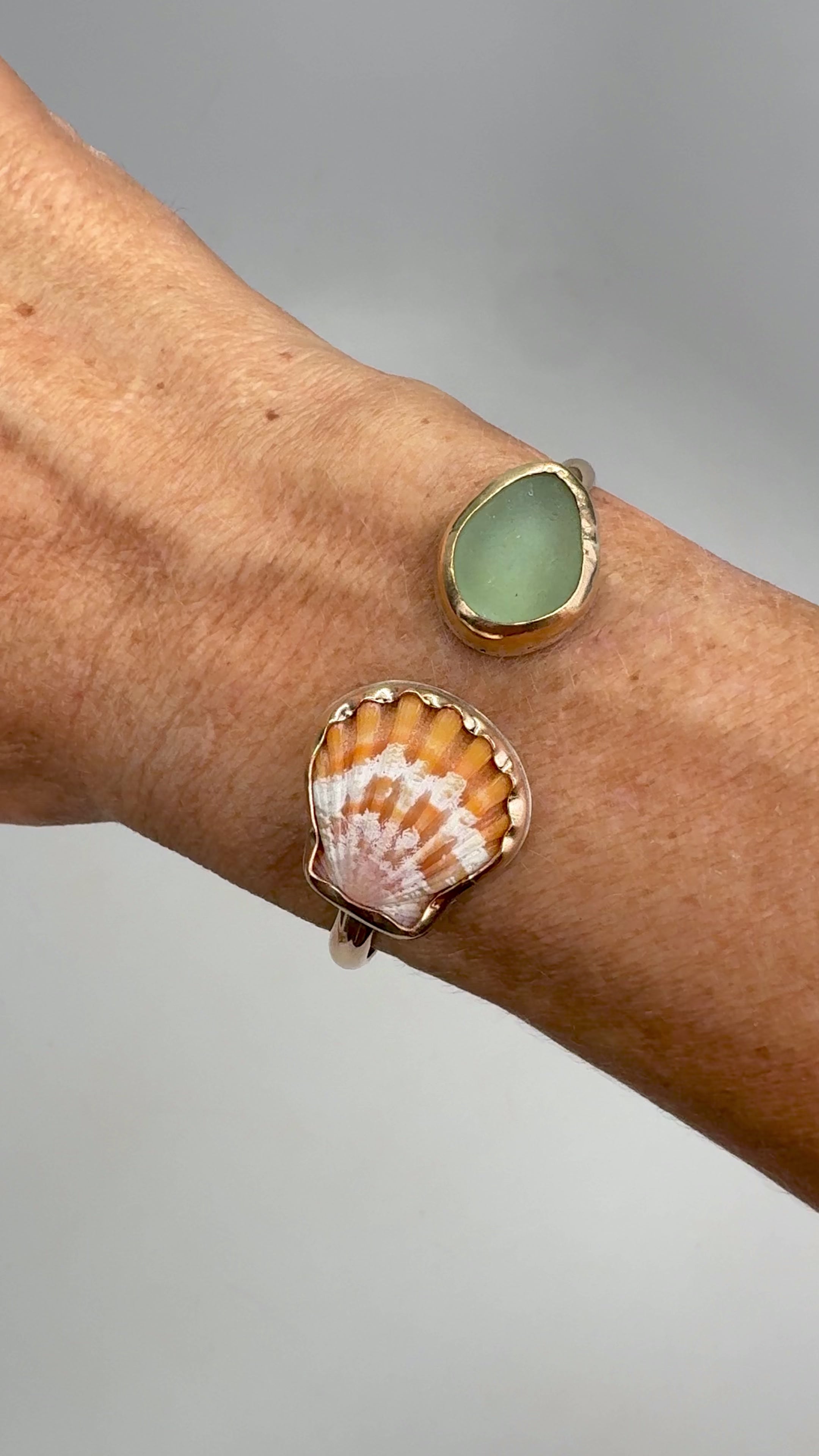 Tropical Gangster - Sunrise Shell & Sea Glass Bezeled Cuff Bracelet