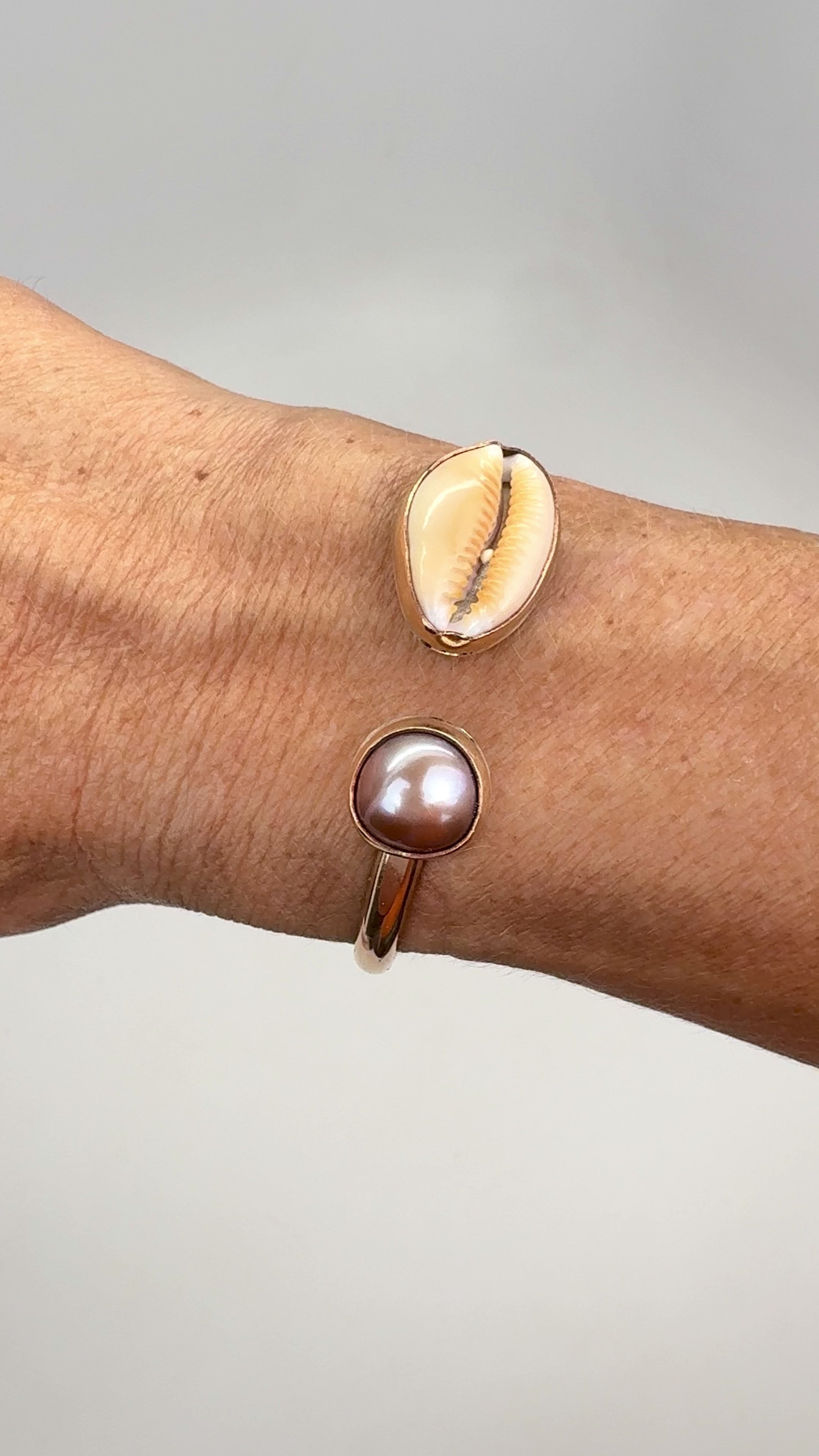 Tropical Gangster - Cowrie Shell & Pink Edison Bezeled Cuff Bracelet