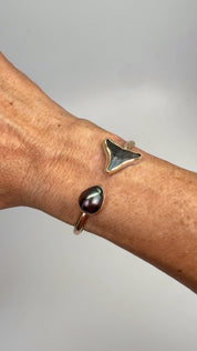 Tropical Gangster - Shark Tooth & Tahitian Pearl Bezeled Cuff Bracelet