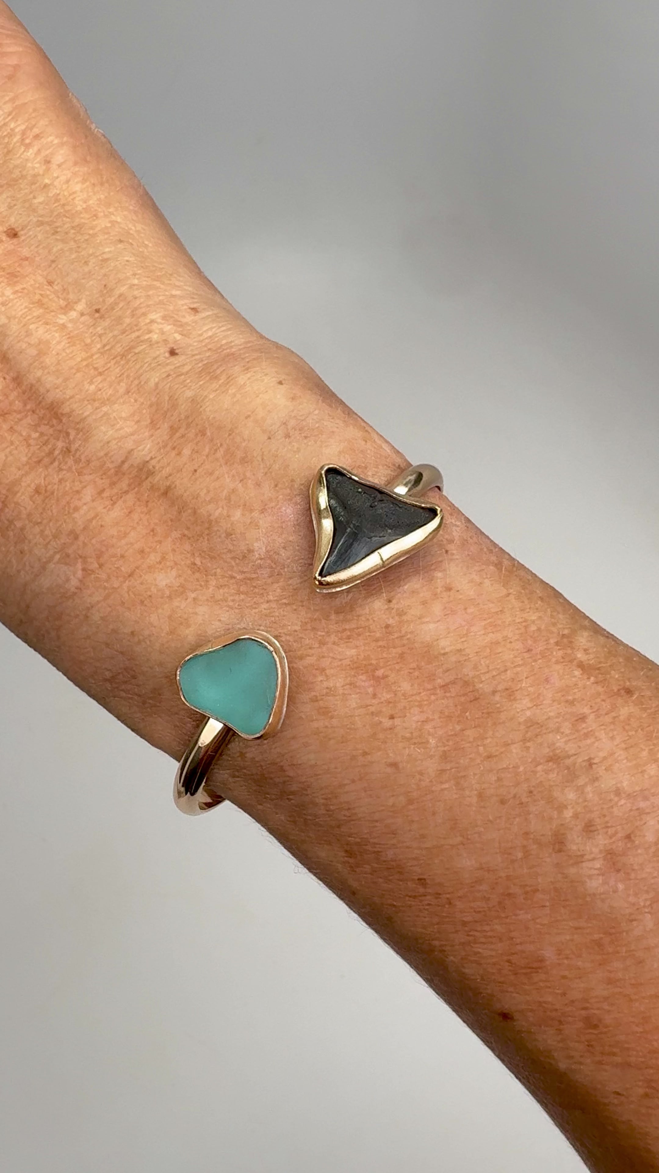 Tropical Gangster - Shark Tooth & Aqua Sea Glass Bezeled Cuff Bracelet