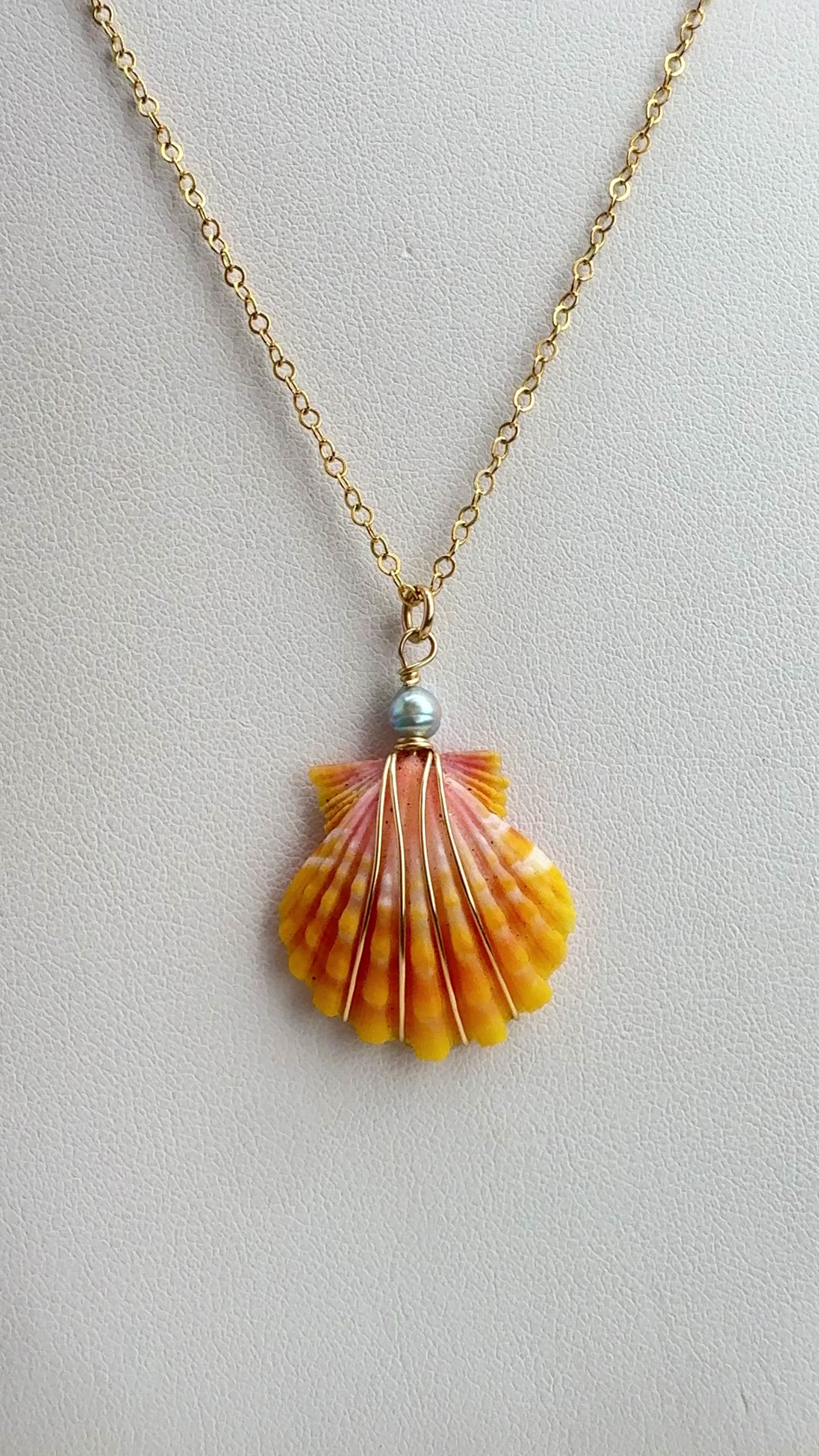 Mermaid Sunrise Shell Necklace with Blue Akoya Pearl