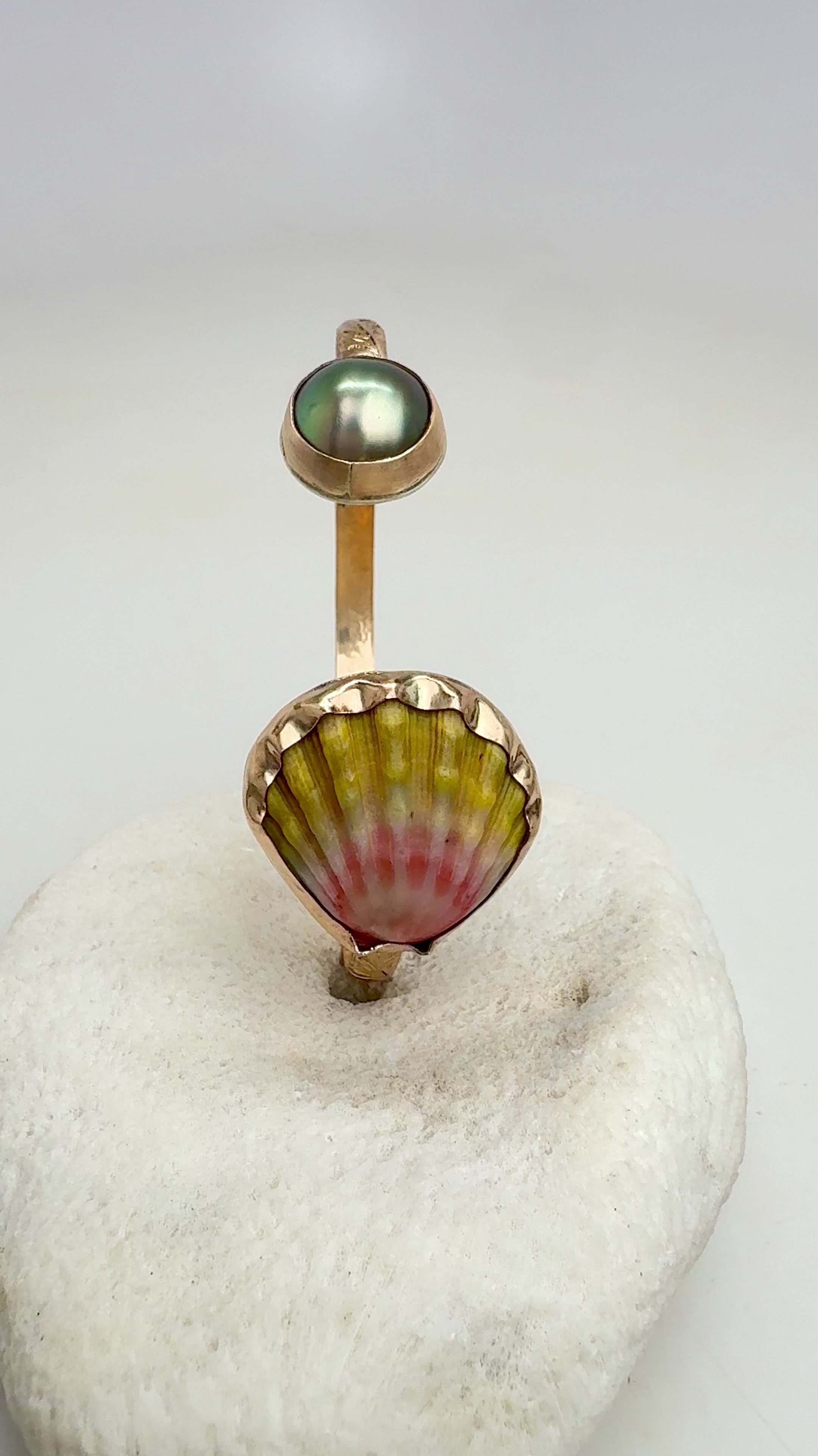 Tropical Gangster - Moonrise Shell w/ Pistachio Tahitian Pearl Bezeled Cuff Bracelet